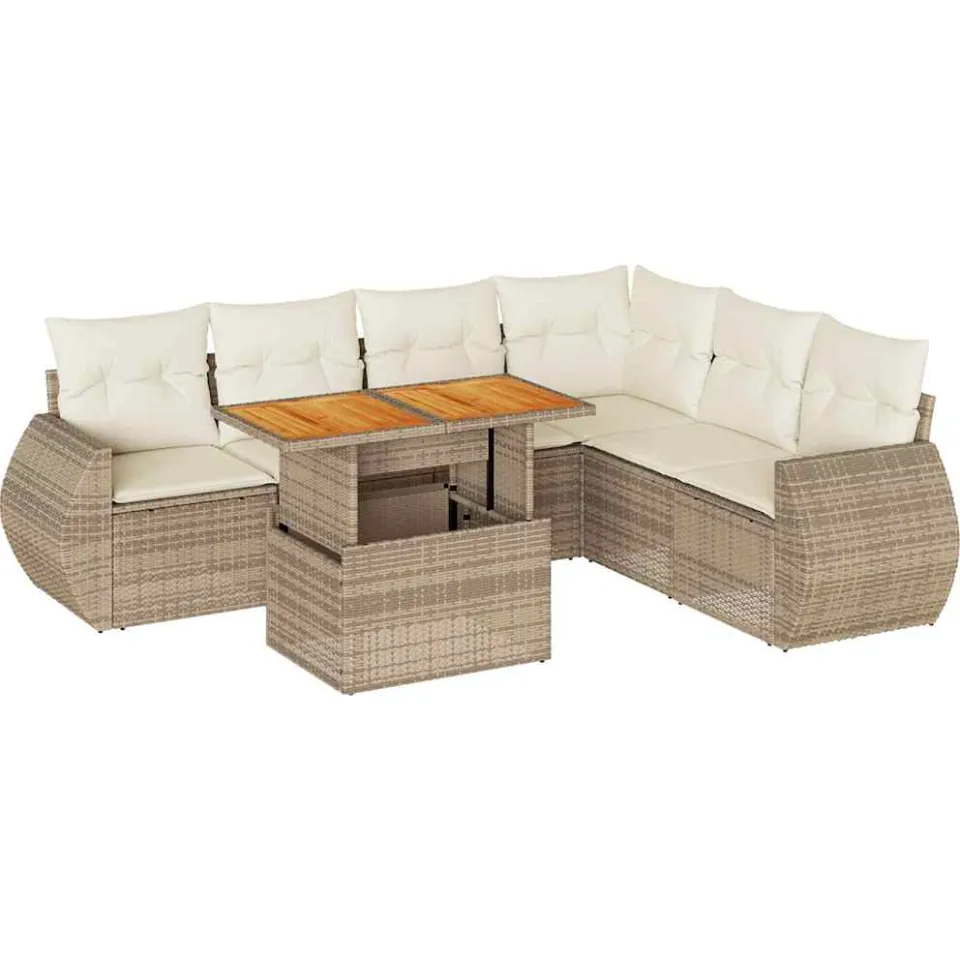 vidaXL 7-delige Loungeset met kussens poly rattan beige, foto 3