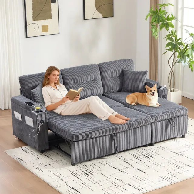 Zubaliya 3-zits cord slaapbank met hydraulische chaise longue en uitschuifbed - voor woonkamer en logeerruimte - 3-persoons - Grijs - USB-C en drankhouders - opbergruimte in armleuningen Carbon Grijs