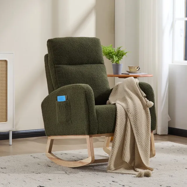 Vankel Fauteuil Schommelstoel met 3 Verstelbare Standen, Teddy Stof, Hoge Rugleuning, Zijvak, Relaxstoel voor Woonkamer en Slaapkamer groen