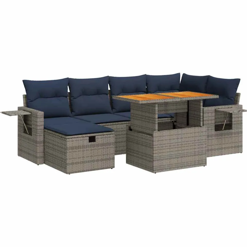 vidaXL 7-delige Loungeset met kussens poly rattan acacia zwart, foto 3