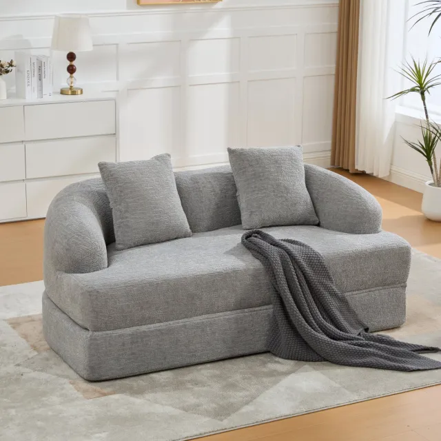 MEUNIQ 2-zits slaapbank uitklapbaar 157 cm met 2 kussens, chenille, lichtgrijs, voor woonkamer en logeerkamer