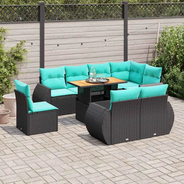 vidaXL 9-delige Loungeset met kussens poly rattan zwart, foto 2