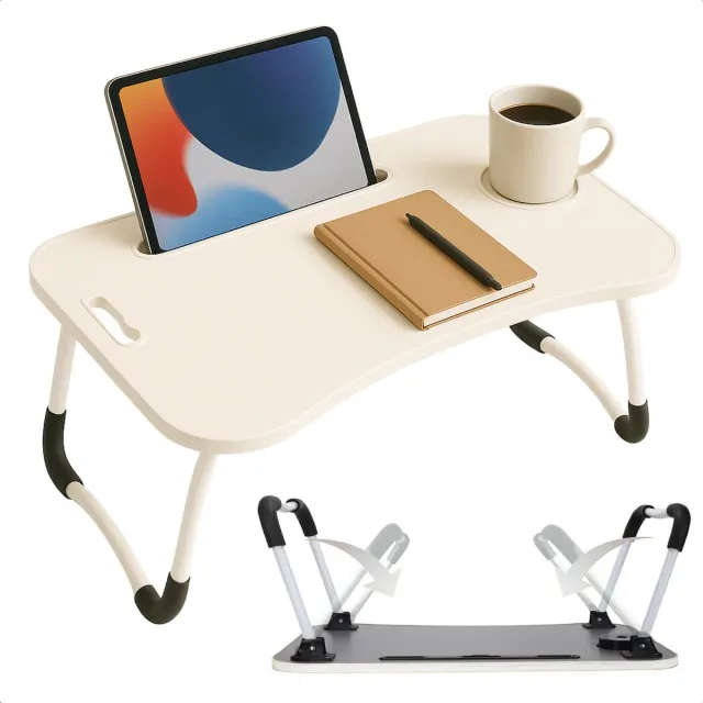 Cheqo Opklapbare Laptoptafel - Ontbijt op Bed Tafel - Bedtafel met Tablethouder - Bank Tafeltje - Banktafel - Ontbijttafeltje - Wit