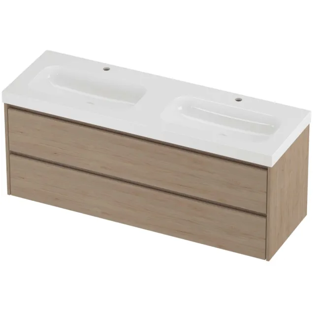 Proline Haga Badmeubelset Polystone Mezza 2 Gaten 140x46x58 cm Glans Wit Ideal Oak Eiken
