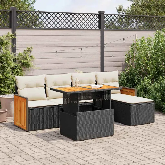 vidaXL 6-delige Loungeset met kussens poly rattan acacia zwart, foto 2