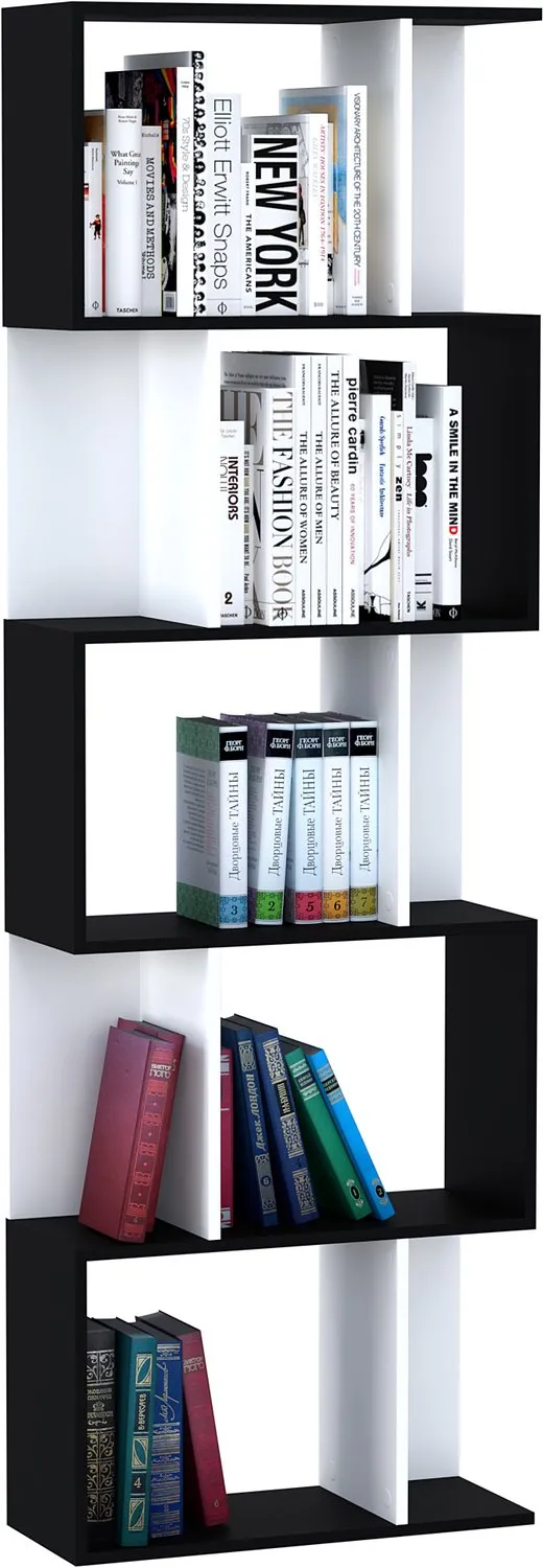 Lunpog Boekenkast met 5 niveaus - S-vorm - 60 x 24 x 184,5 cm - zwart-wit - Opbergkast met planken