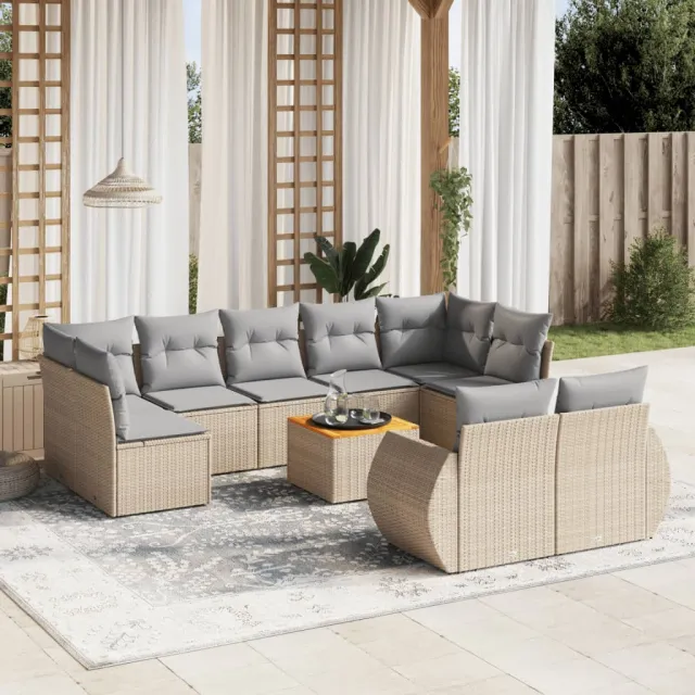 vidaXL 10-delige Loungeset met kussens poly rattan beige, foto 2