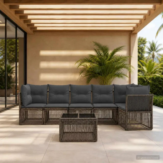 vidaXL Tuinbankenset 7 st 6-zits Grijs poly rattan, foto 2