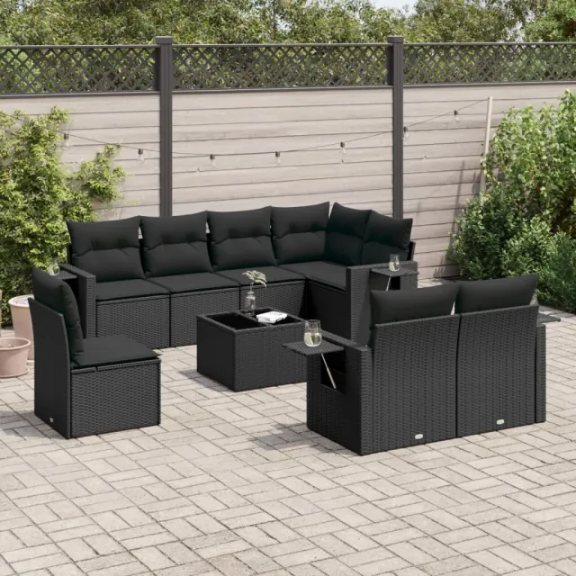 vidaXL 9-delige Loungeset met kussens poly rattan zwart, foto 2