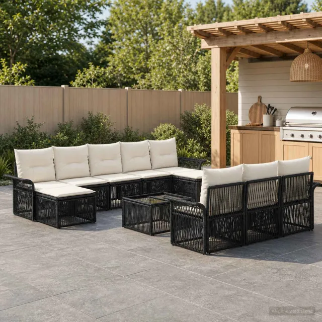 vidaXL Tuinbankenset 11 st 10-zits Zwart poly rattan