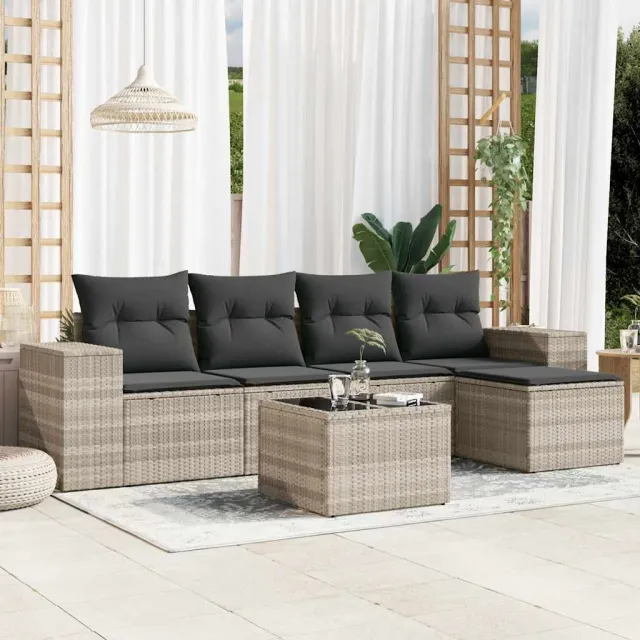 vidaXL 6-delige Loungeset met kussens poly rattan lichtgrijs grijs