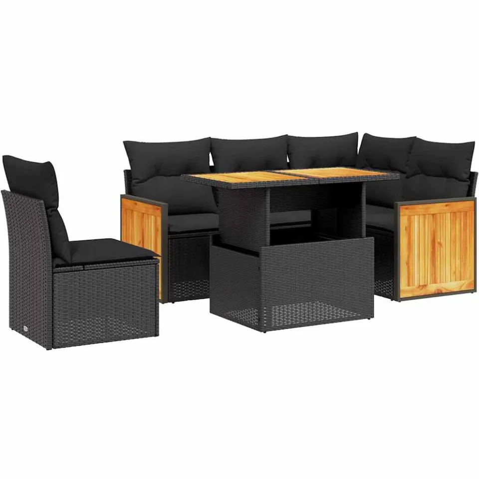 vidaXL 6-delige Loungeset met kussens poly rattan zwart, foto 3