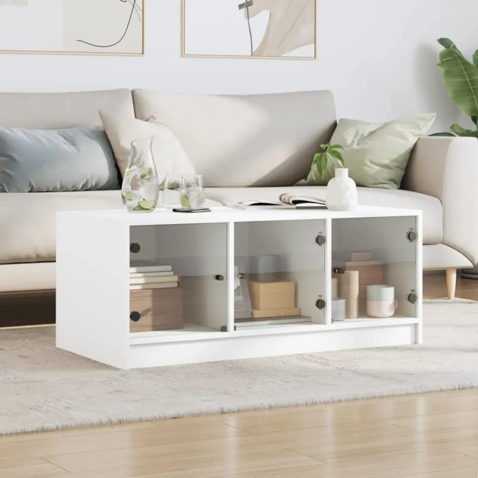 vidaXL Salontafel met glazen deuren 102x50x42 cm wit, foto 3