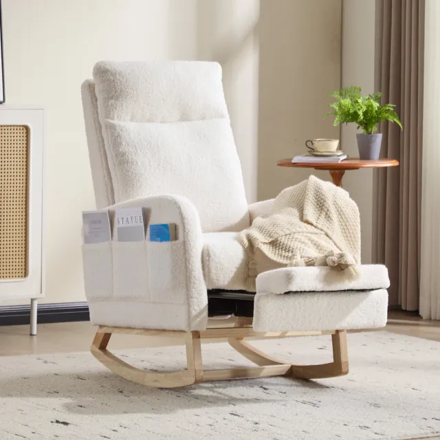 Vankel Fauteuil Schommelstoel met Uitschuifbare Voetensteun, 3 Verstelbare Standen, Teddy Stof, Hoge Rugleuning en Zijvak wit-Met voetsteun