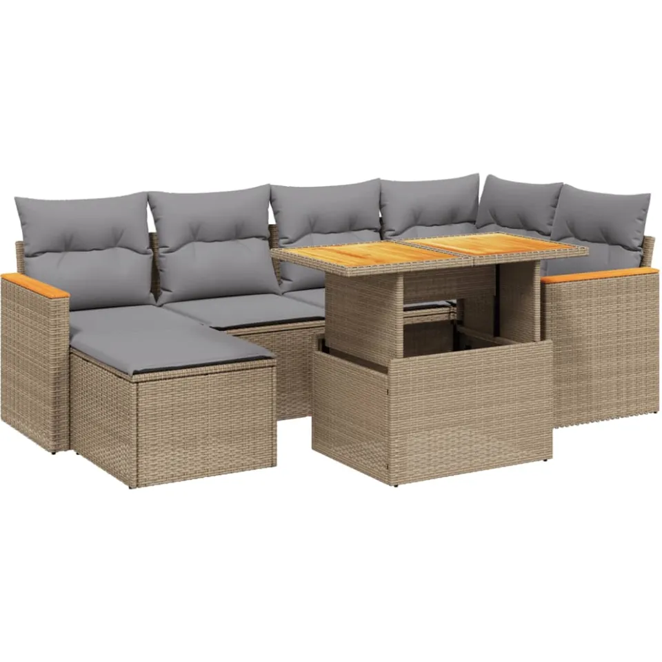 vidaXL 7-delige Loungeset met kussens poly rattan beige