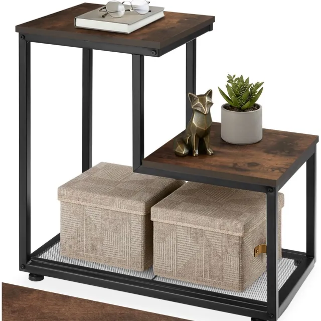 Tectake Bijzettafel met 2 planken en roosterplank - Nachtkastje in industrieel design - Voor woonkamer, slaapkamer, kantoor, hal - Eenvoudige montage - Zwart metalen frame - Afmeting (LxBxH) 60,5 x 35,5 x 60,5 cm - Donkerbruin Donkerbruin - Rustiek