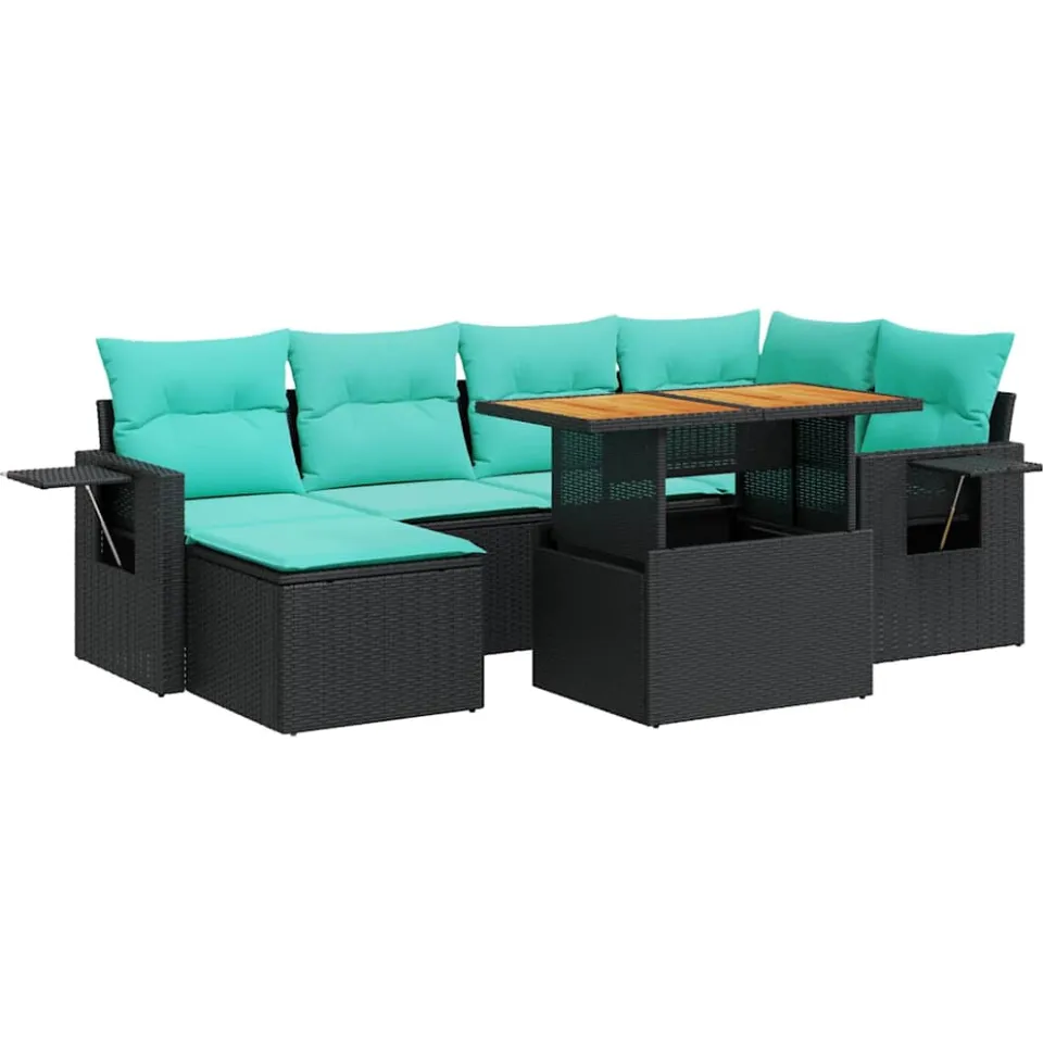 vidaXL 7-delige Loungeset met kussens poly rattan zwart, foto 3