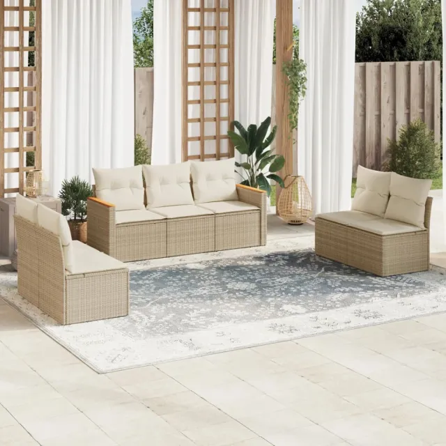 vidaXL 7-delige Loungeset met kussens poly rattan beige, foto 2