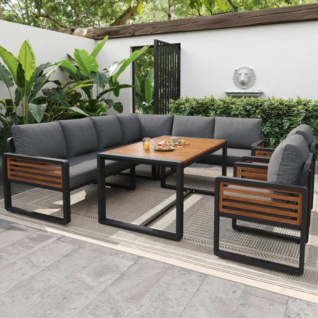 Laura Tuinloungeset voor 8 Personen met Hoekbank, Eettafel en Stoelen – 209 x 58 x 81 cm – Acaciahout & Metaal – Inclusief Dikke Waterafstotende Kussens – Grijs – Laura