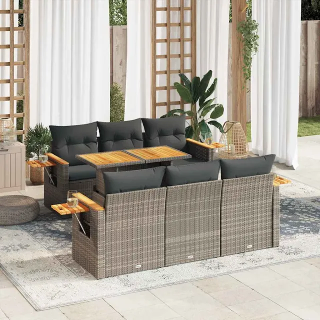 vidaXL 7-delige Loungeset met kussens poly rattan acacia grijs, foto 2