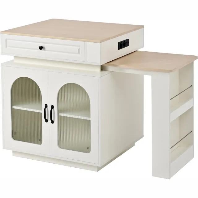 MUVANO Uitschuifbare eettafel - Wit keukeneiland op wielen - Houtlook blad met lade - LED en USB-C - 128–200 x 71 x 92 cm - Voor keuken en eetkamer