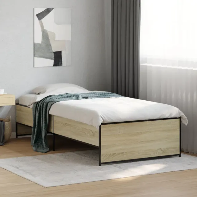 vidaXL Bedframe bewerkt hout en metaal sonoma eikenkleurig 75x190 cm
