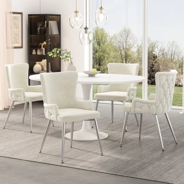 COVREO Eetkamerstoel set van 4 55x49x85 cm - beige velvet, metalen onderstel, met armleuningen