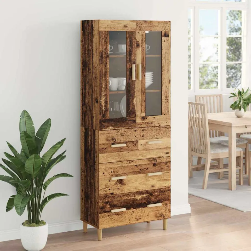 vidaXL Hoge kast Oud Hout 69,5 x 34 x 180 cm Geengineerd Hout en Glas bruin, foto 3
