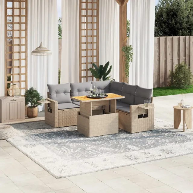 vidaXL 6-delige Loungeset met kussens poly rattan beige, foto 2
