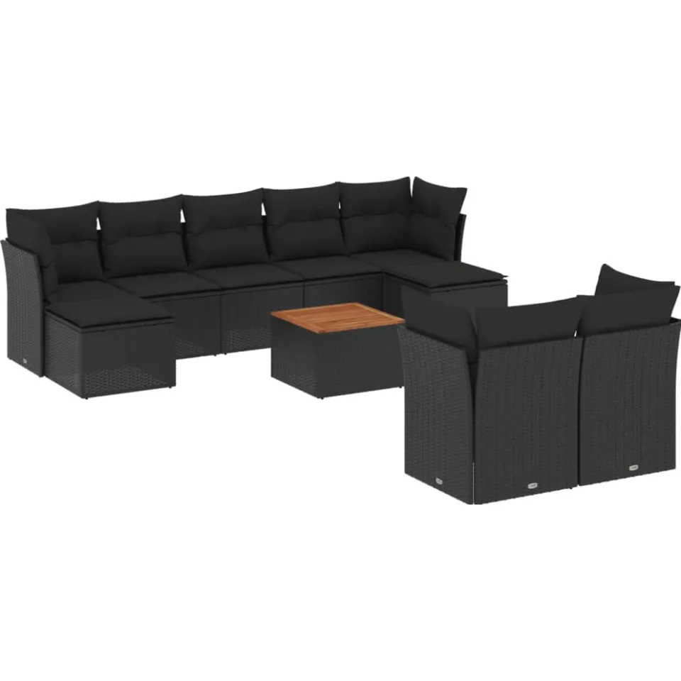 vidaXL 10-delige Loungeset met kussens poly rattan zwart