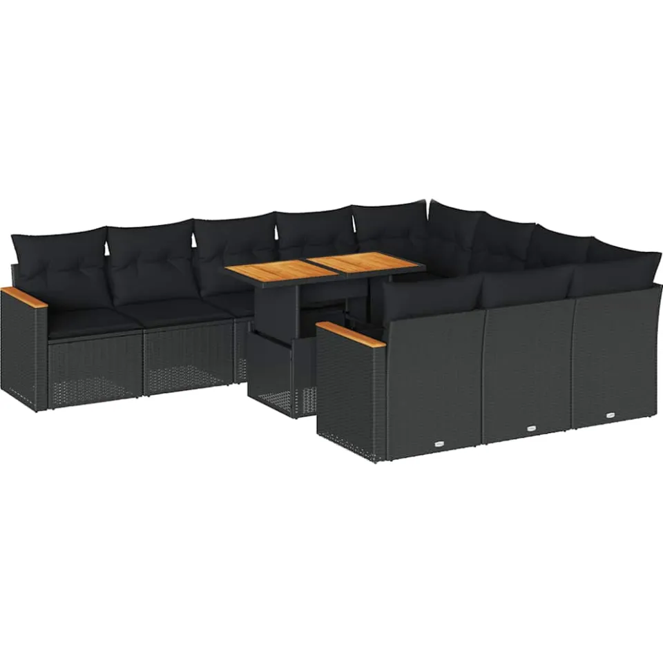 vidaXL 11-delige Loungeset met kussens poly rattan acacia zwart, foto 3