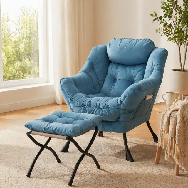 MEUNIQ Relaxfauteuil met hocker 72 x 80 x 93 cm, armleuningen, zijvak en opklapbare voetensteun voor woonkamer of slaapkamer, blauw