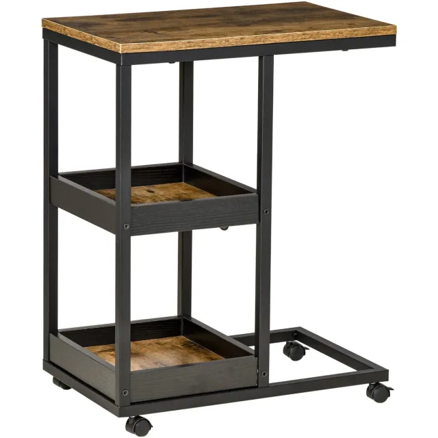 Homcom C-vormige Bijzettafel met Twee Opbergvakken en Wielen - Salontafel, Nachtkastje - Bruin Donkerbruin, Zwart