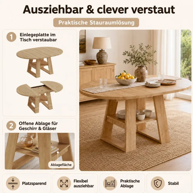 STILVORA Eettafel - Uitschuifbaar Met Opbergruimte En Onderplank - Voor 4 Tot 6 Personen - MDF - 150x110x75 Cm - Eikenkleur
