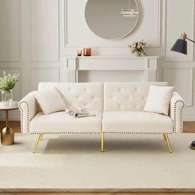 in& out door furniture Moderne 2-zits slaapbank – met fluwelen bekleding, 3-standen verstelbare rugleuning & vergulde metalen poten. Stijlvolle sofa met slaapfunctie – ruimtebesparend, draagkrachtig, ideaal voor kleine ruimtes.- Beige