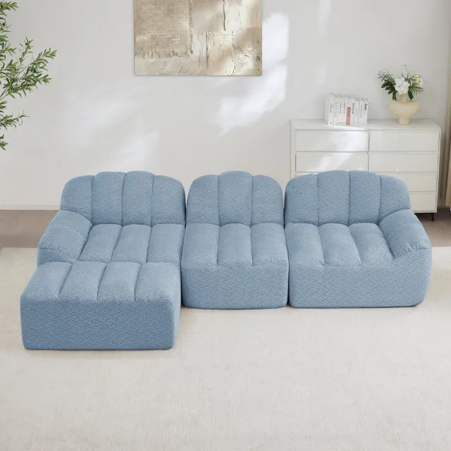 MODFU Modulaire Hoekbank - Diepe Zitting - Ergonomische Vorm - Voor Woonkamer - Zachte Teddystof - Blauw