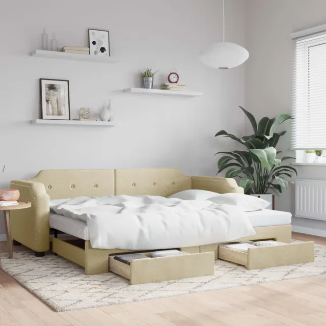 vidaXL Slaapbank met onderschuifbed en lades 90x200 cm stof crèmekleur
