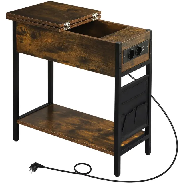 Smyl. Bijzettafel - Salontafel - Bijzettafel met Laadstation - 2 USB Poorten - Nachtkastje - Woonkamer - Slaapkamer - 60 × 61 × 30 cm (B × H × D) Bruin/Zwart