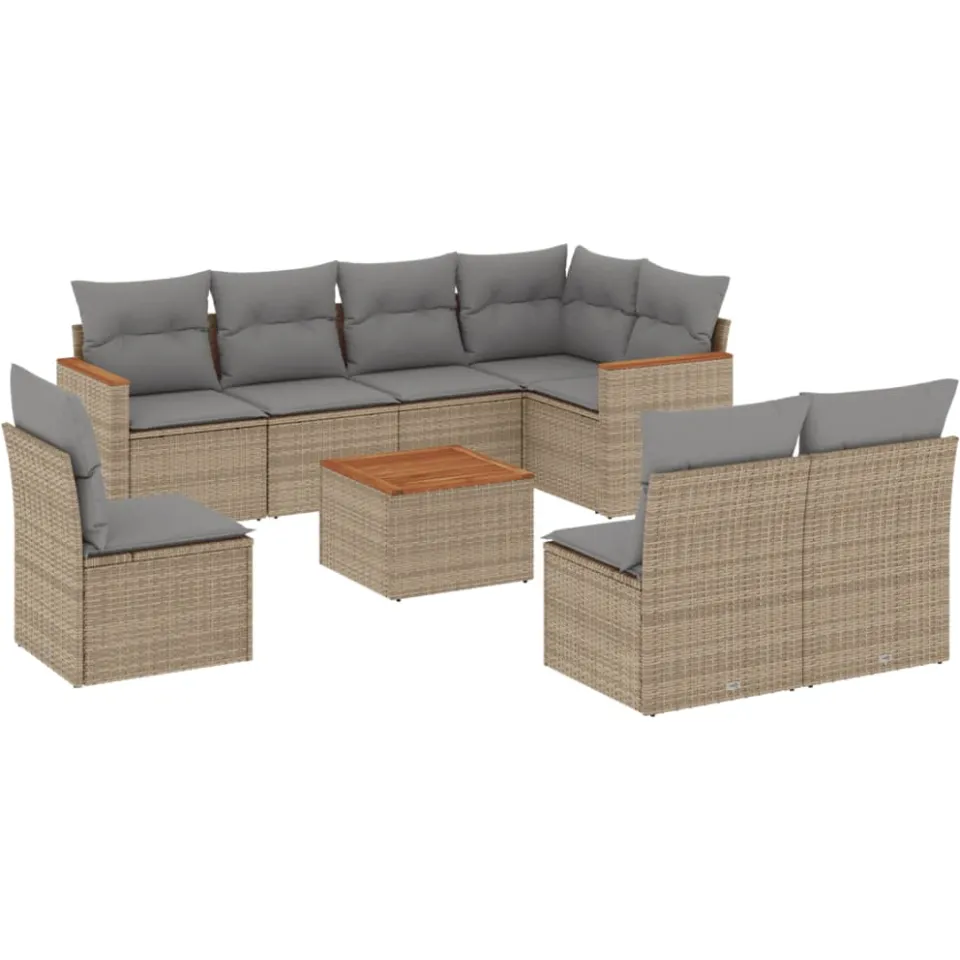 vidaXL 9-delige Loungeset met kussens poly rattan gemengd beige, foto 3