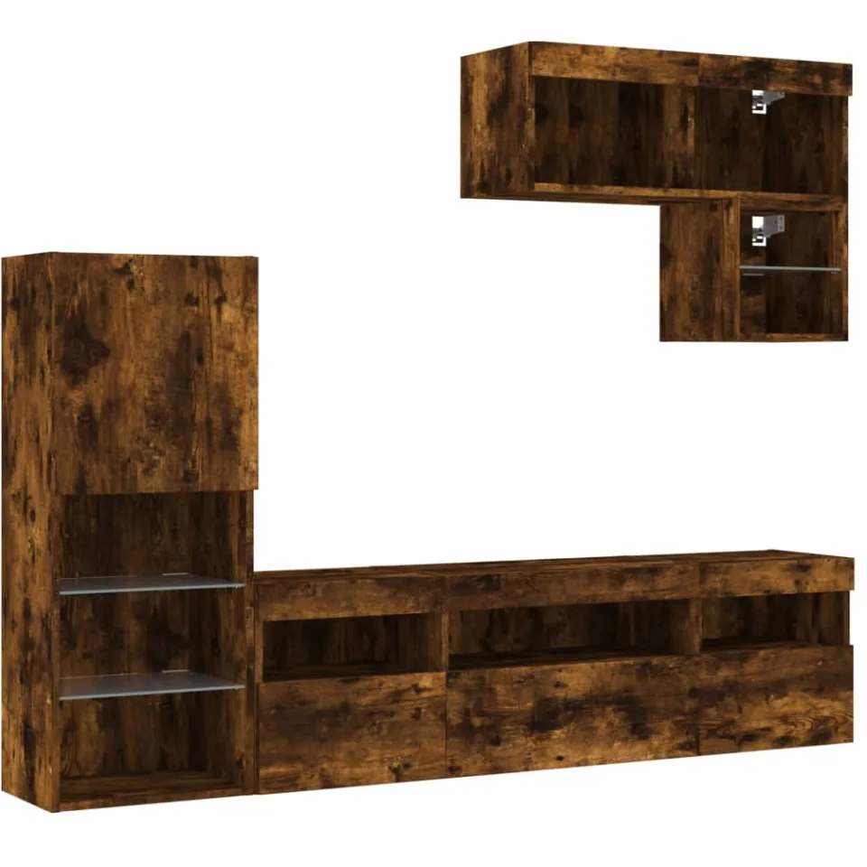 vidaXL 6-delige tv-wandmeubelset met LED bewerkt hout gerookt eiken Bruin