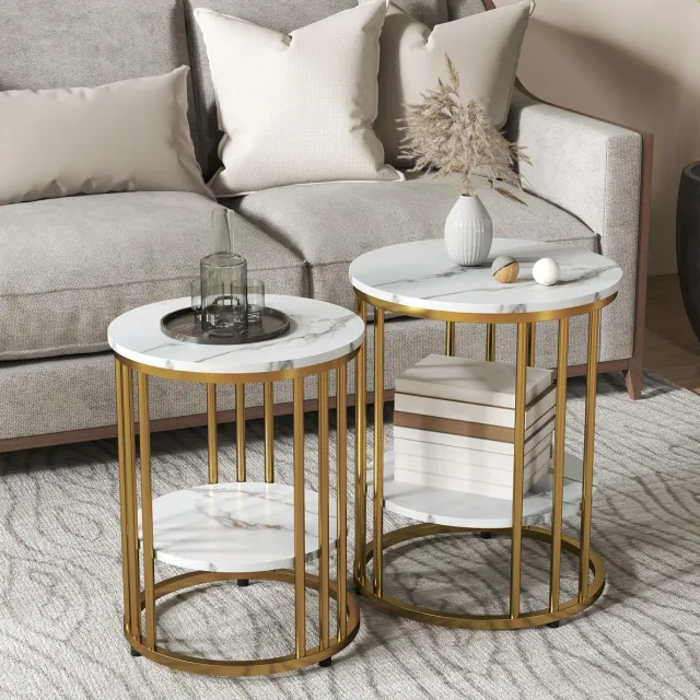 FloraGrace Salontafel - Ronde 2 Delige Set Met Opbergplank - Voor Woonkamer En Slaapkamer - Hout En Metaal - Wit Goud - 45 Cm