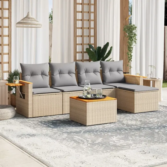 vidaXL 6-delige Loungeset met kussens poly rattan beige, foto 2