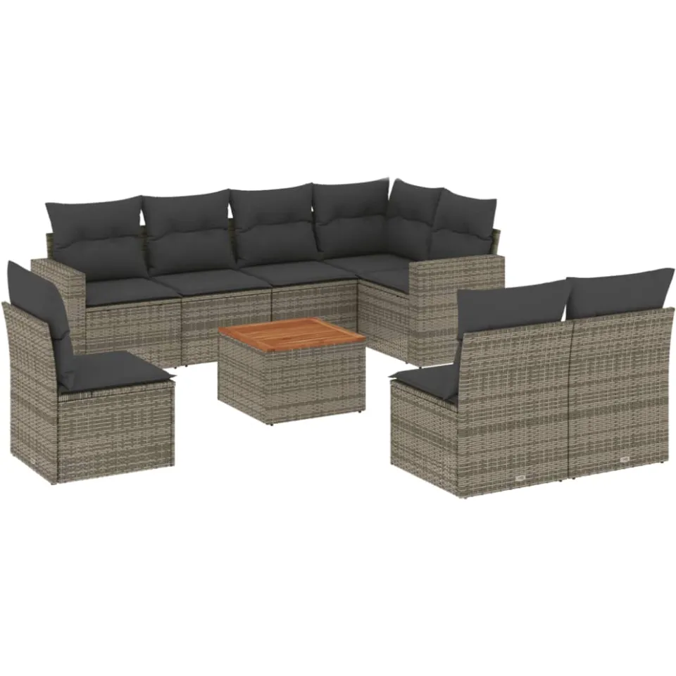vidaXL 9-delige Loungeset met kussens poly rattan grijs, foto 3