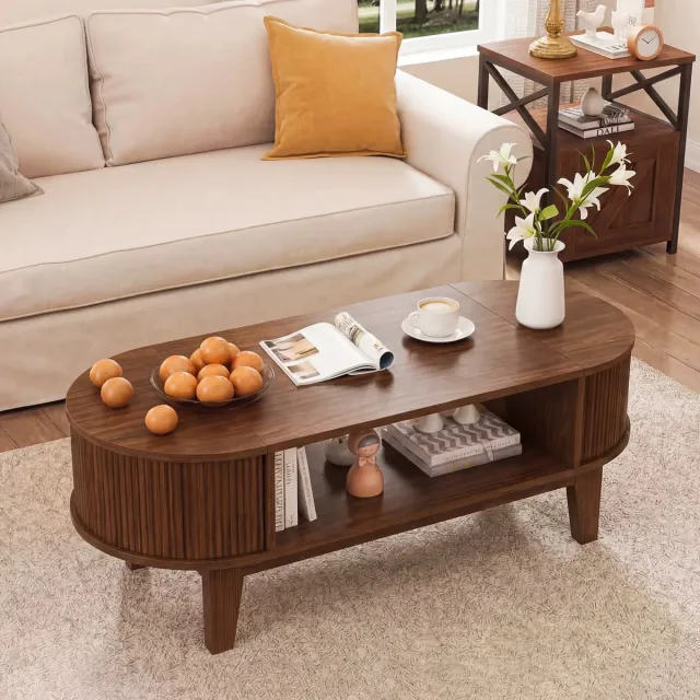 CreateEcom Salontafel - Bijzettafel - Woonkamer tafel - moderne woonkamer met verborgen opbergruimte - 100x50x50,4 cm - walnootkleur