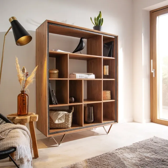 DELIFE Boekenkast Stonegrace 120x150 acacia natuur 12 vakken steen fineer V-voet Bruin