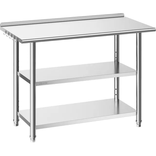 Vevor Gasto Werktafel 1219x610x864 mm, Roestvrijstalen Tafel met 3 Niveaus, Opstaande Rand en in Hoogte Verstelbare Schappen. Draagvermogen: Blad 245 kg en 2 Onderste Schappen 204 kg Elk. Voorbereidingstafel voor Restaurants Zilver