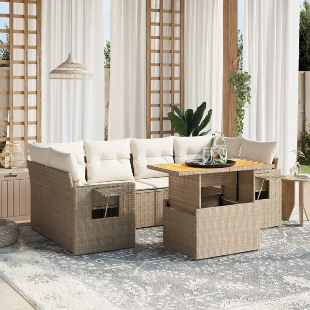 vidaXL 7-delige Loungeset met kussens poly rattan beige, foto 2