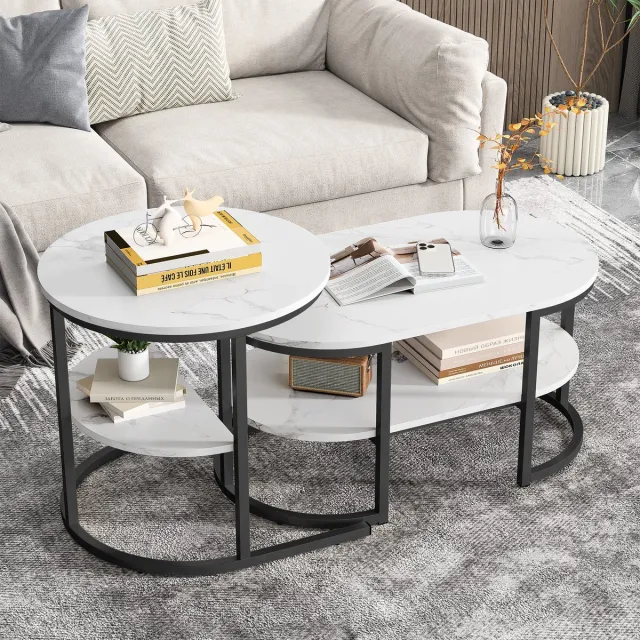 ROSAHQNDA Ronde salontafel set van 2, marmerlook koffietafel met zwart metalen frame, hoge lage bijzettafel met MDF blad en opbergruimte, moderne woonkamer tafel Wit en zwart