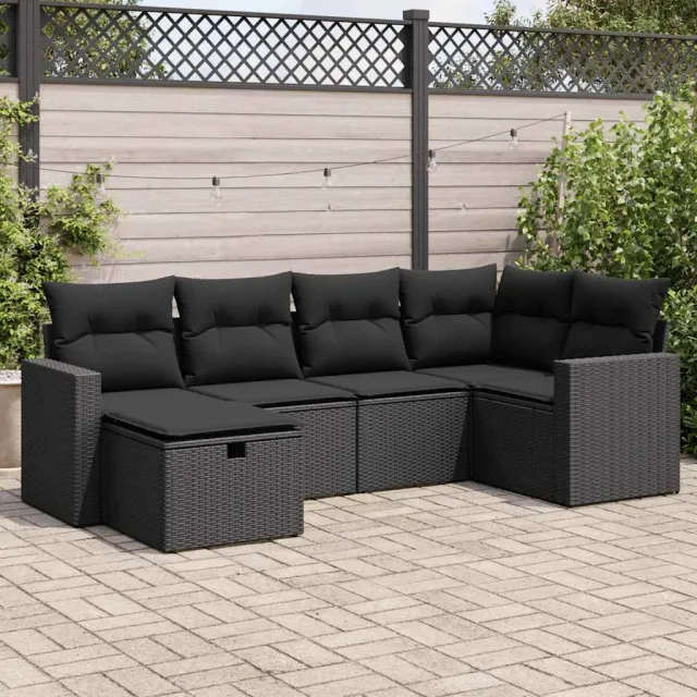 vidaXL 6-delige Loungeset met kussens poly rattan zwart, foto 2