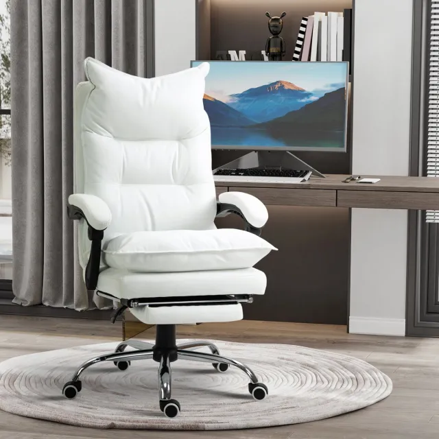 DESMIU Bureaustoel 66 x 72 x 122-130 cm - Ligfunctie Met Voetsteun En Verstelbare Zithoogte - Voor Kantoor En Studeerkamer - Kunstleer Wit White